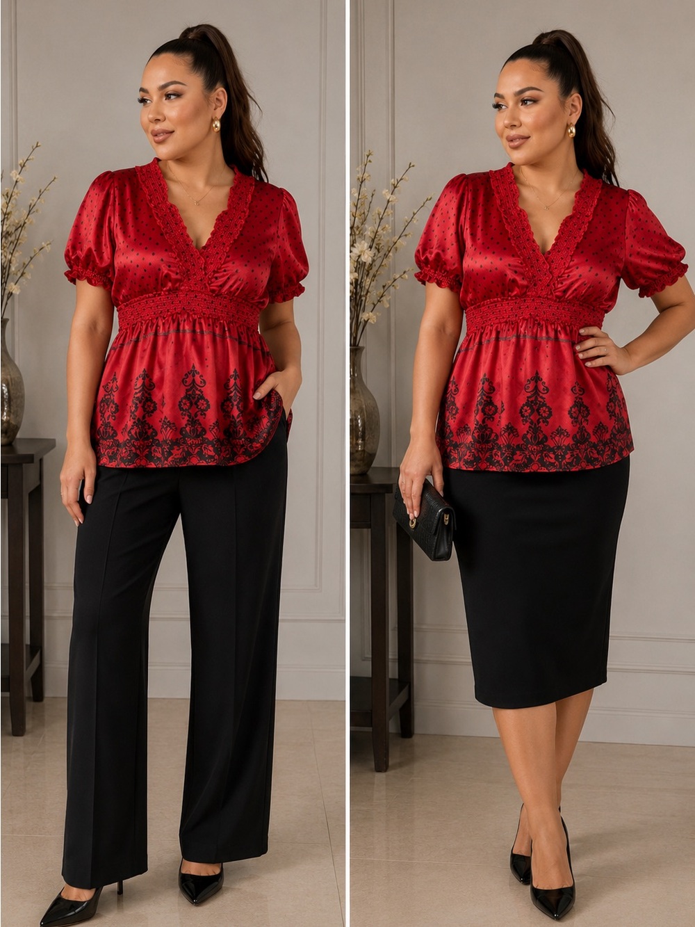 Y2K Babydoll-Style Red Satin Blouse – Polka Dot and Damask Print Size L/XL NWOT
